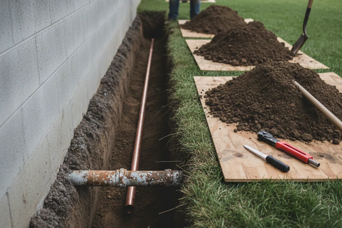 Excavated water line trench during Water Softener Installation in Tyner